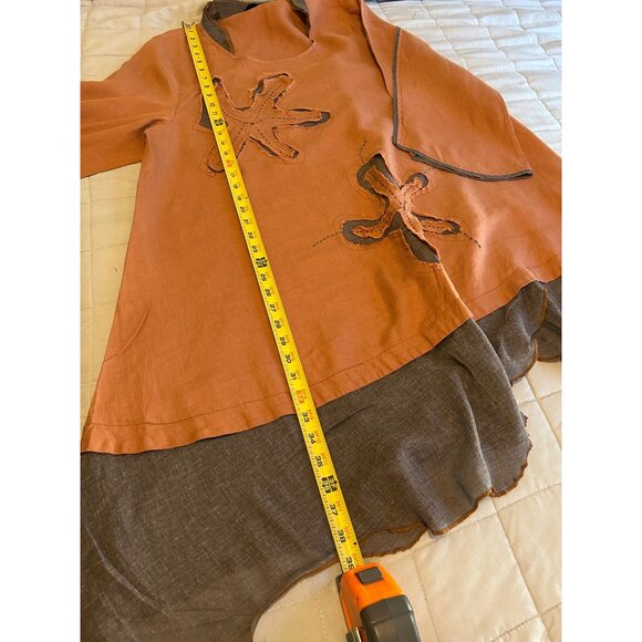 Peacock Ways Linen Blend Tunic Dress Orange Boho Artsy Asymmetrical Hem Embroide - Picture 4 of 14